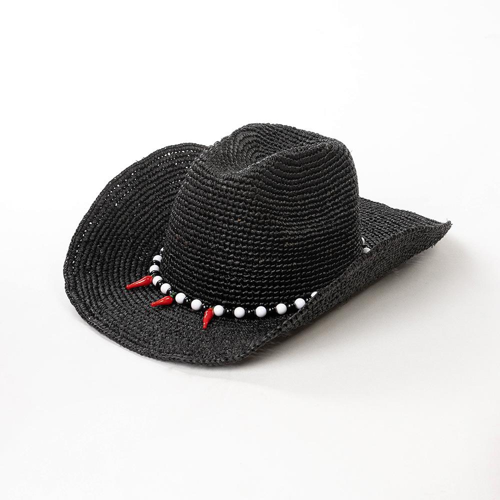 Sombrero de Sol de Hierba Raffia Estilo Americano Europeo Primavera Verano Moda Cadena de Cuentas Chili Jazz Estilo Vaquero Protección Solar Playa Sombrero de Paja