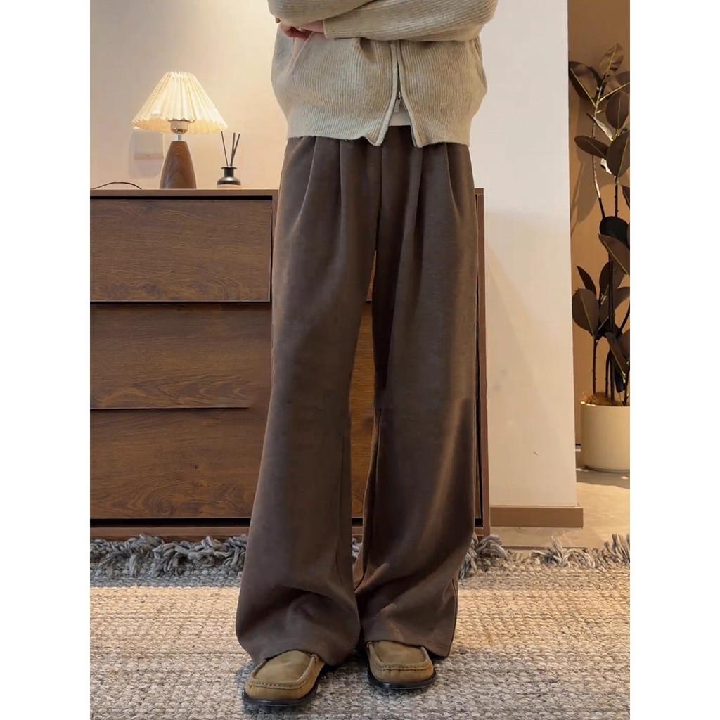 Maillard brown A-shaped wide-leg pants men's autumn and winter thickened heavy-weight abraded pants straight and slightly pulled casual pants