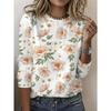 Round Neck 3D Flower Printed Top Casual Long Sleeved Women's T-shirts - Soft Medium Stretch Polyester Fabric Spring and Autumn Relaxed Fit Clothing