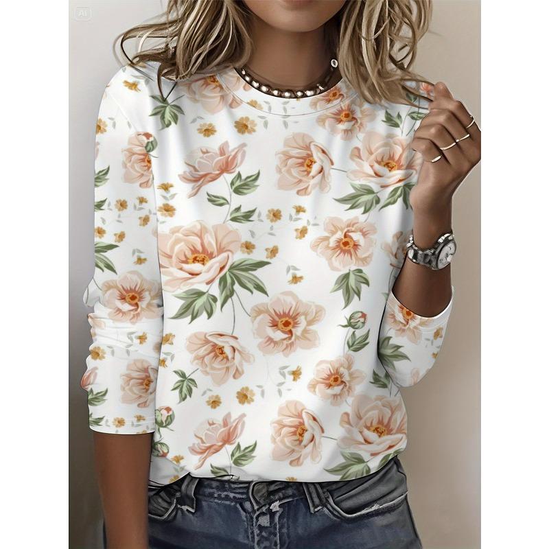 Round Neck 3D Flower Printed Top Casual Long Sleeved Women's T-shirts - Soft Medium Stretch Polyester Fabric Spring and Autumn Relaxed Fit Clothing