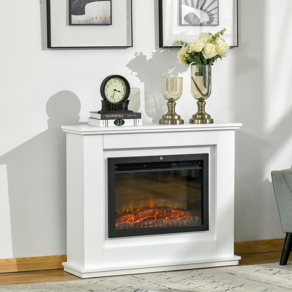 Electric Fireplace Large Size 2000 W LED Flame Effect Timer Adjustable Temperature Brightness Remote Control Included White