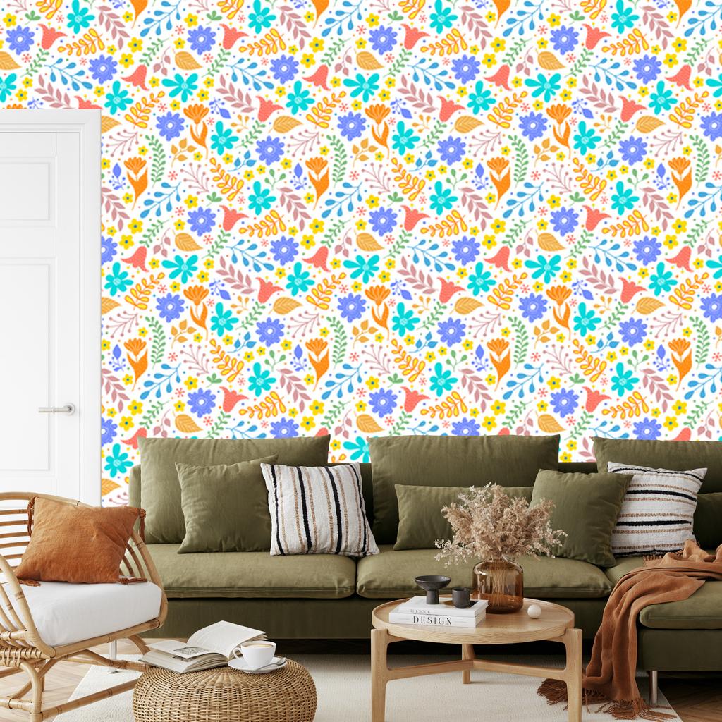 Wallpaper Flowers White, Cream, Blue and Coral for Living Room and Bedroom 50x1000
