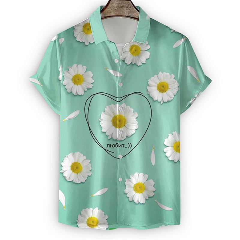 Nuova Camicia con Fiori di Margherita da Uomo Stampa 3D Manica Corta Maglietta Top Moda Estiva Harajuku Camicie Bottoni Street Camicetta con Collo a Revers