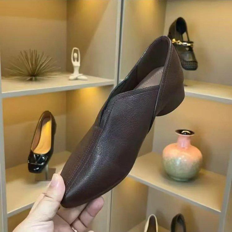 Frühlings- und Herbstschuhe für Damen aus weichem Leder 2025 neu, runde Spitze, niedriger Absatz, weiche Sohle, hochwertig, einfarbig, bequem, für Mütter mittleren Alters, leicht, offen