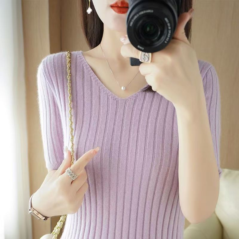Frühling Sommer Damen V-Ausschnitt Kurzarm Exquisiter Kaschmir Strickpullover Pullover Einfarbig
