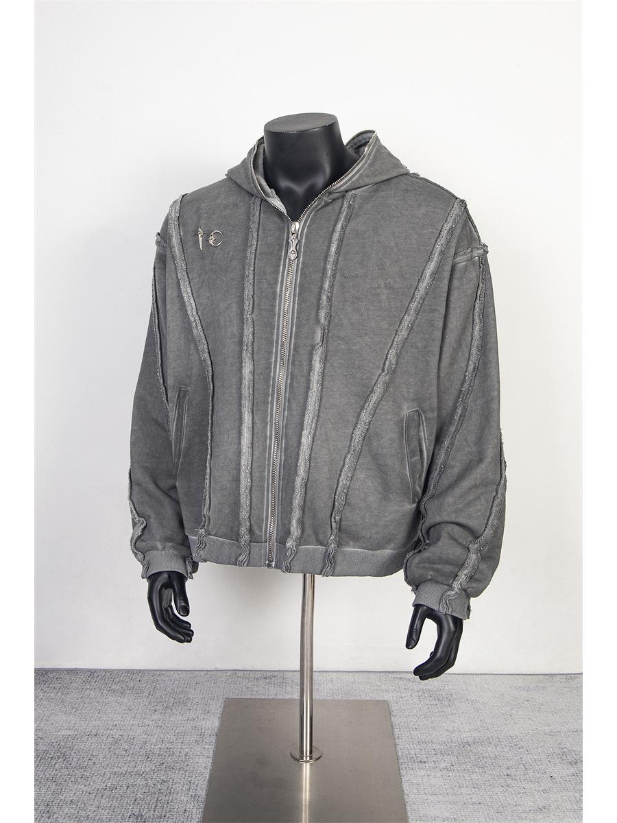 

Важкий праний металевий кардиган з капюшоном Thug Club з дизайном у стилі печворк-батік - Унісекс модний топ 2 сірий колір