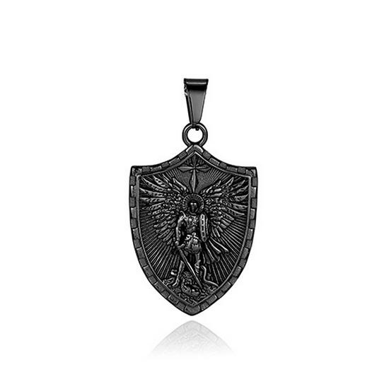 Saint Michael Archangel Stainless Steel Pendant Men's Necklace - Warrior Angel with Sword and Shield
