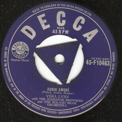 Disque 7 pouces VERA LYNN - Addio Amore 45F10463 Decca 1955 UK Pop Occasion