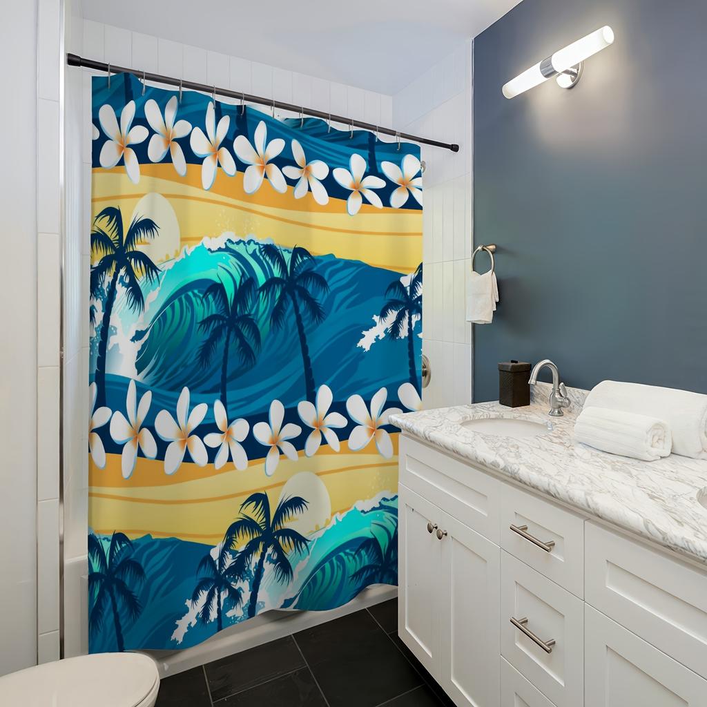 Tropical Beach Scene Shower Curtain, Ocean Waves & Palm Trees Design,  Machine Washable, Reversible Polyester Bathroom Decor