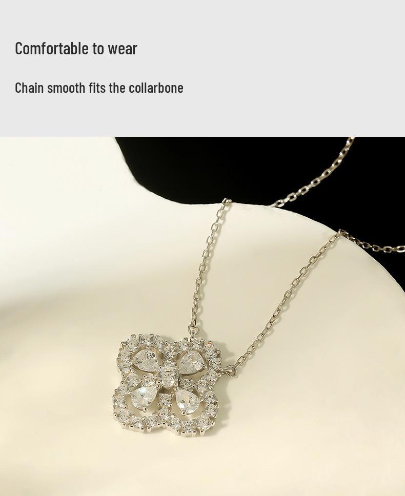 S925 Sterling Silver Four-Leaf Clover Pendant Necklace: Sparkling Gift for Girlfriend in Elegant High-End Style