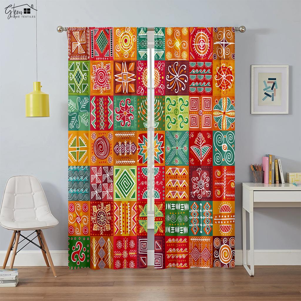 2-Pack Bohemian Colorful Plaid Pattern Printed Curtains Suitable For Bedroom, Living Room, Study Room Decorative Curtains