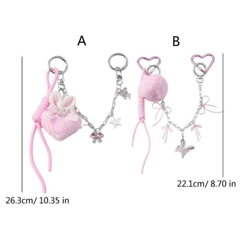 Fashion Bows Keyring Creative Car Key Chain Plush Pompoms Keychain Heart Keyrings Bag Pendant Ornaments Bag Charm