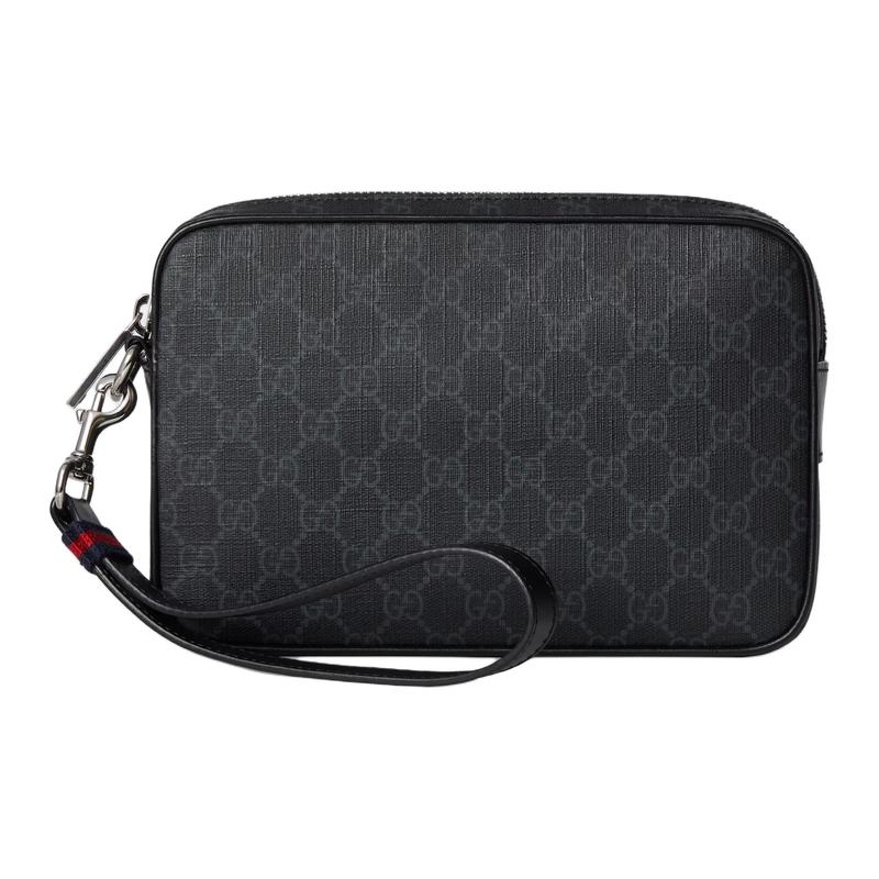 Gucci Presbyopia All-over Detachable Wrist Strap, Zipper Closure, GG Supreme Canvas Clutch, Men's Black