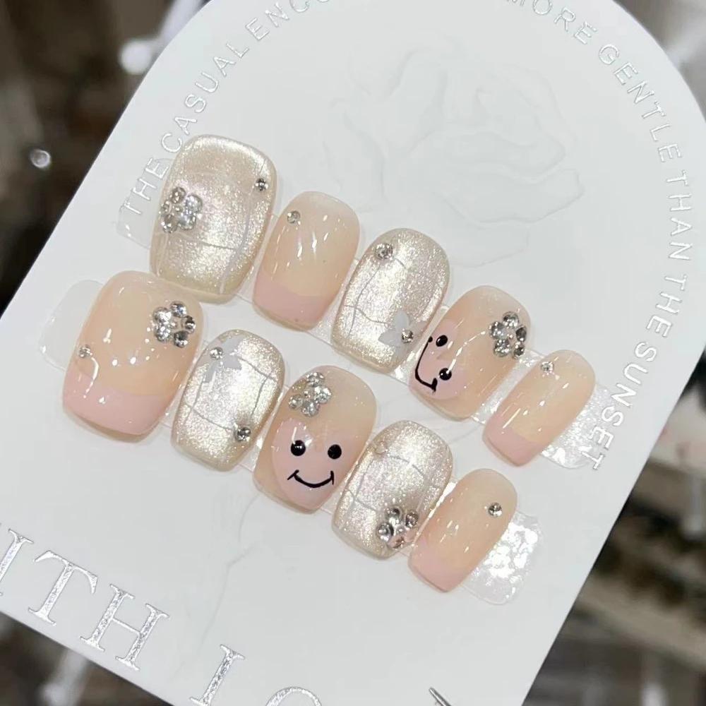 Summer Sweetheart Handmade Full Cover False Nails Kawaii Cartoon Cat Flower Cat Eye Short Square Reusable Fake Nail Stickers