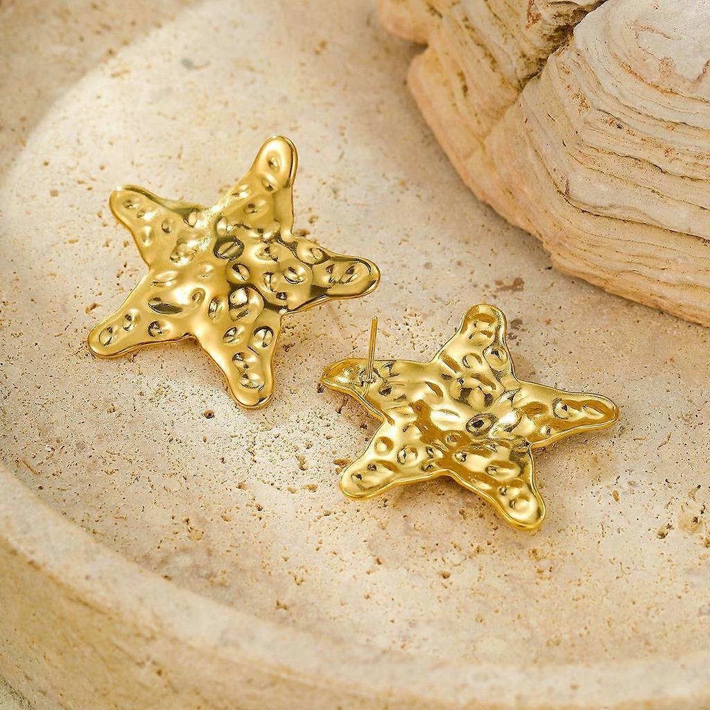 Stud Earrings, Stainless Steel Titanium Steel Five-Pointed Star Hammered Pattern Fashionable Versatile Exquisite