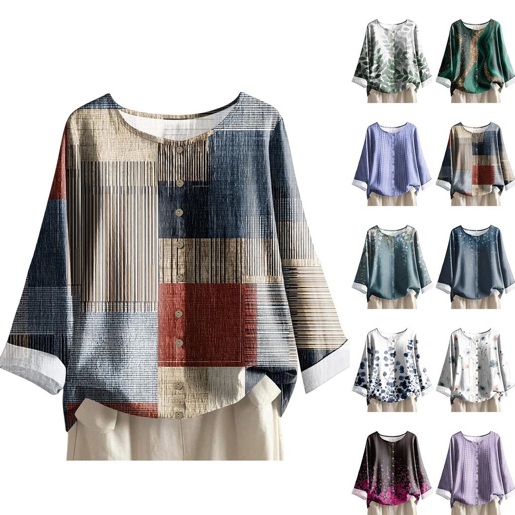 Women's Fashionable And Casual Shirt Long-sleeve Round Neck Print Cotton And Linen Blouse Top