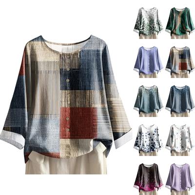 Damen Modisches Und Lässiges Langarm-Rundhals-Shirt mit Print Baumwoll- und Leinenbluse Top