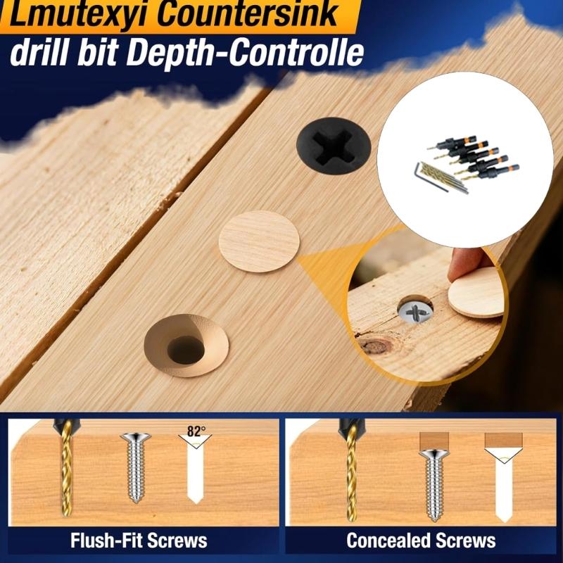 11Pieces Metal Coated Countersink Drill Bit Featuring 1/4Inch Hex Shank Adjustable Depth for Woodworking