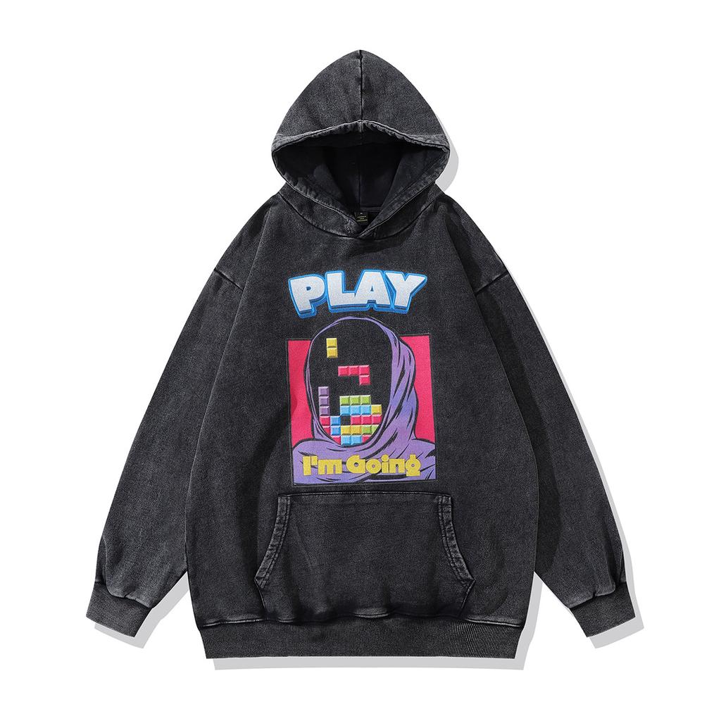 European And American High Street Skull Direct Injection Printing Washed Hooded Sweater Men And Women Loose Retro Trendy Brand Old Coat