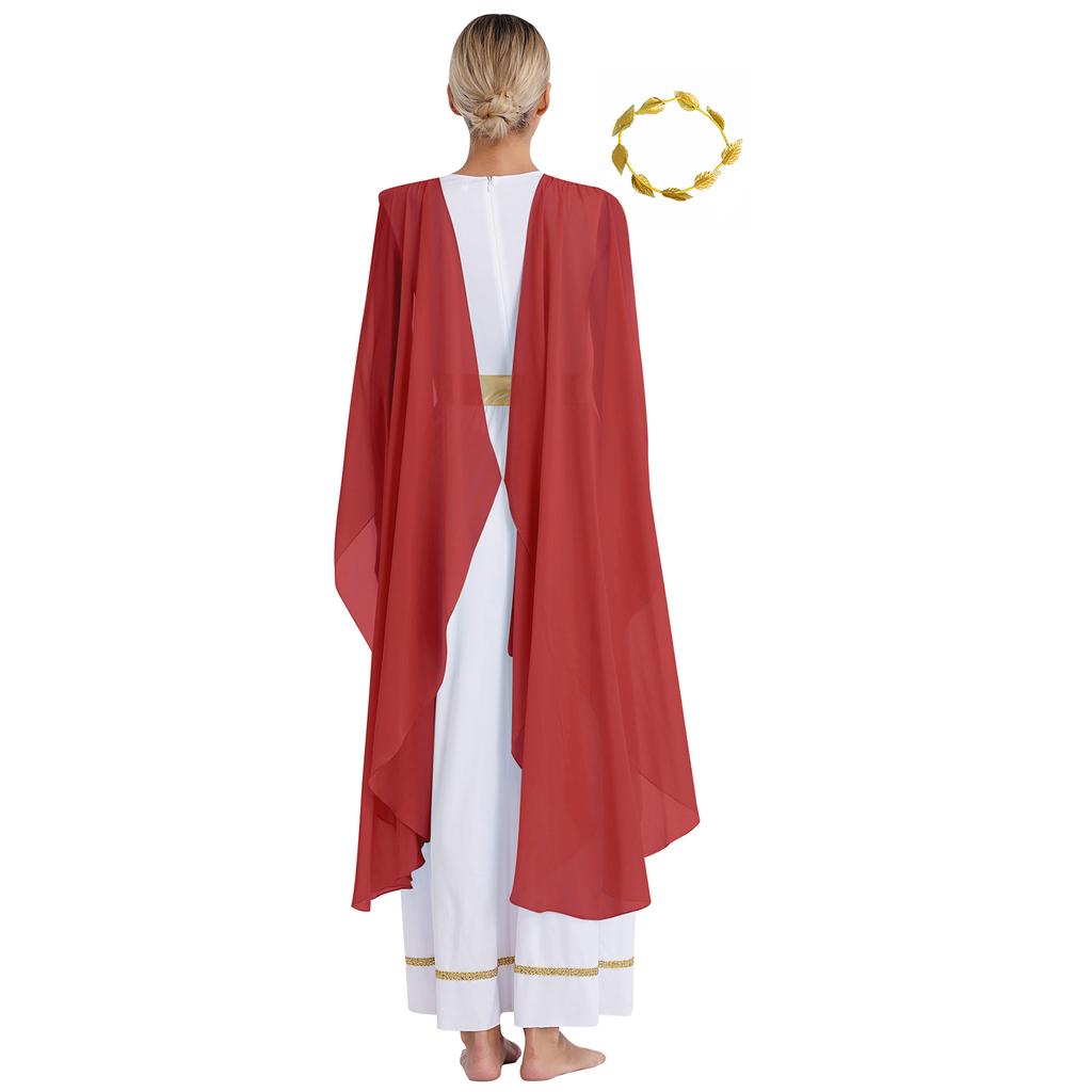 Damen Halloween Griechische Schönheits Kostüm Goldene Blätter Girlande Kopfschmuck Chiffon Kappenärmel Antikes Toga Kleid