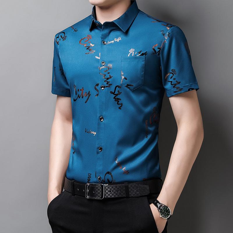 Summer Men's Floral Half Sleeved Shirts Ice Silk No Ironing Men's Fashion Short Sleeved Shirt Lapel Flower Shirt
