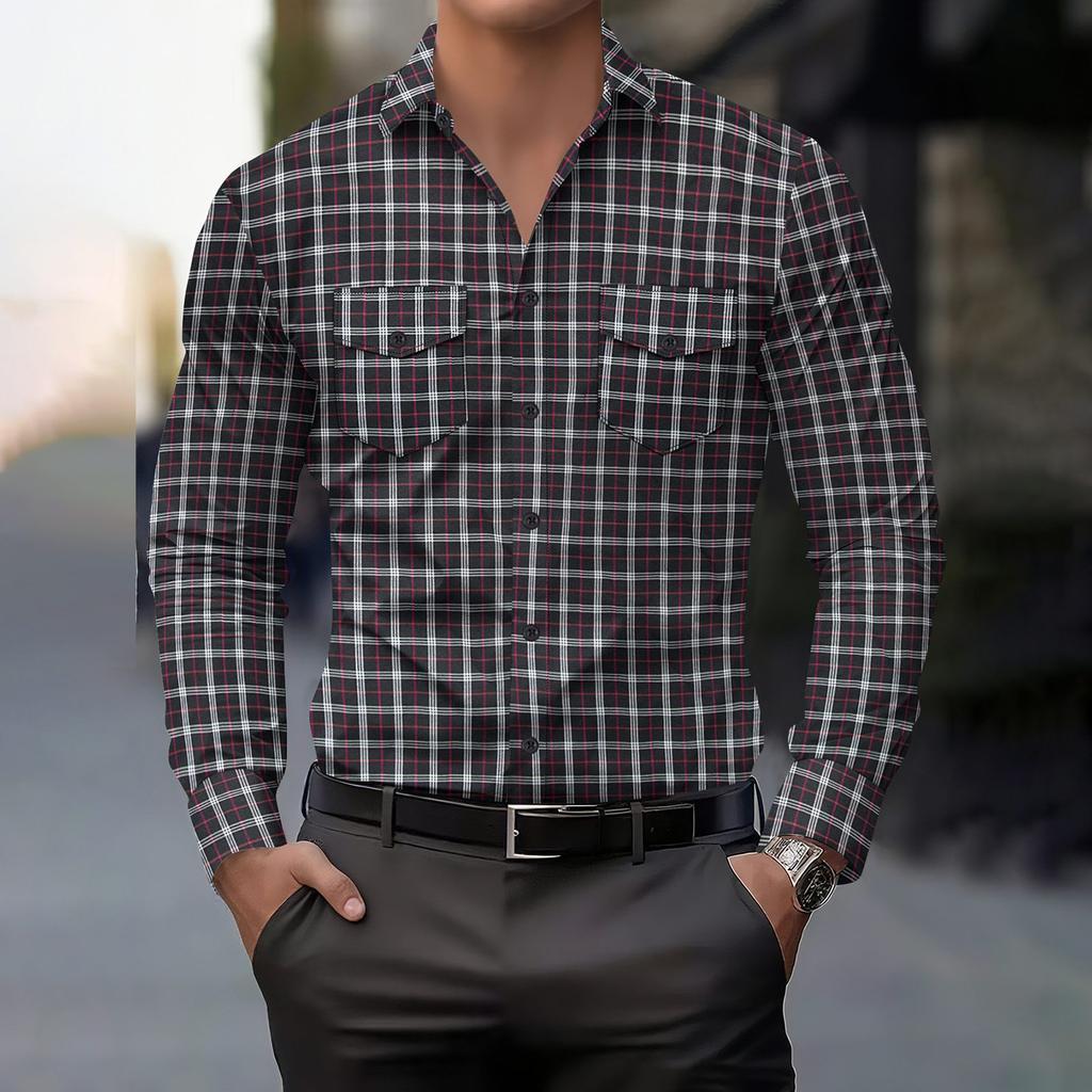 Men's Striped Plaid Casual Loose Button Lapel Long Sleeve Jacket