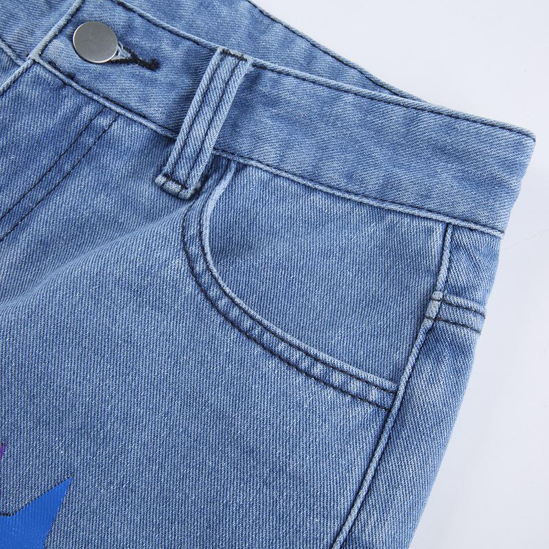 Trendy High-Waisted Loose Fit Printed Graffiti Women's Straight-Leg Jeans, Rainbow Denim Pants Loose Graffiti Printed