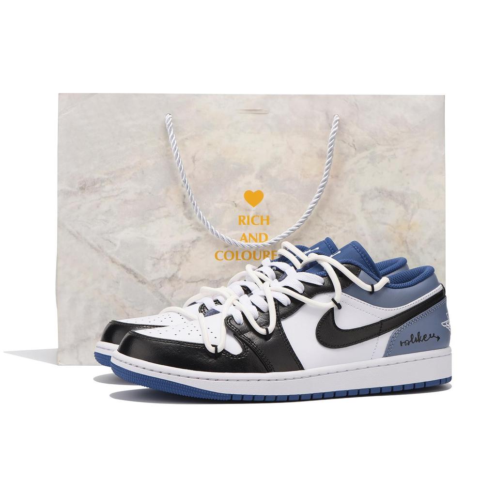 Jordan Air Jordan 1 Low top Vintage Basketball Shoes Men's Black White Blue 553558-414(Team32-SBO