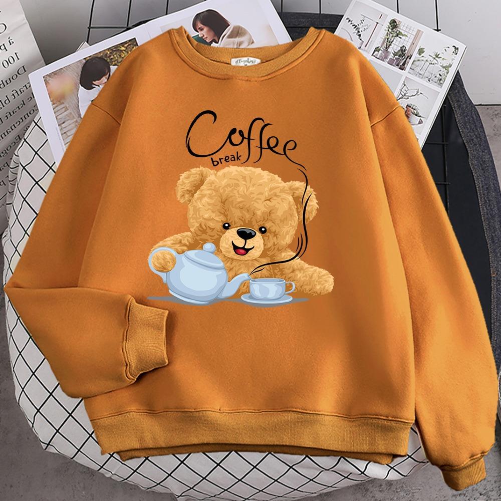 

Street Casual Womens Sweatshirt Coffee Break Teddy Bear Making Coffee Print Hoodies Loose Soft Pullovers Crewneck Clothes XL
