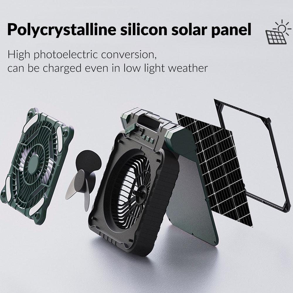 Portable Desk Fan 90°tiltadjustable Solar Rechargeable Camping Fan 4-speeds wind with timer,3modes LED Light,Emergency Power Fan