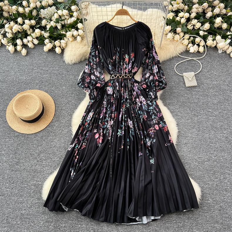 

Плиссированное О-образное воротничковое длинное платье для женщин, осеннее праздничное длинное платье с рукавами-фонариками, свободное платье с принтом, свободные платья One Size