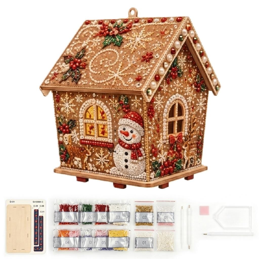 DIY 3D Wooden Gingerbread House Decoration Kit with Faux Pearls – Santa Claus Design