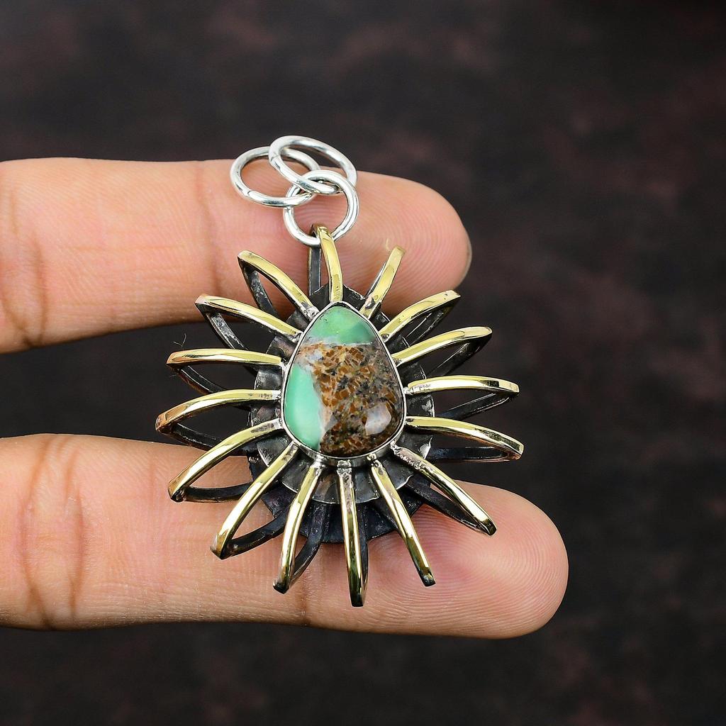 Boulder Chrysoprase Pendant Natural Gemstone Jewelry 925 Sterling Silver Pendant 18K Gold Plated Cage Pendant Handmade Jewelry Gift For Girl