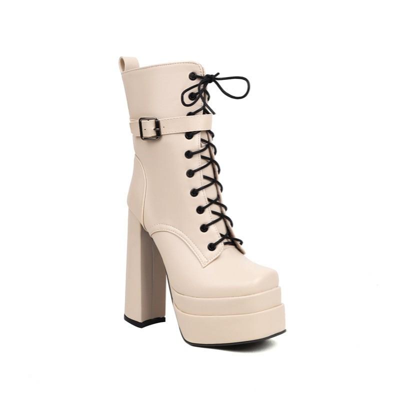 Womens Winter Chunky Sole Square Toe Platform Martin Boots Side Zip Mid-Calf Fashion Black White Beige