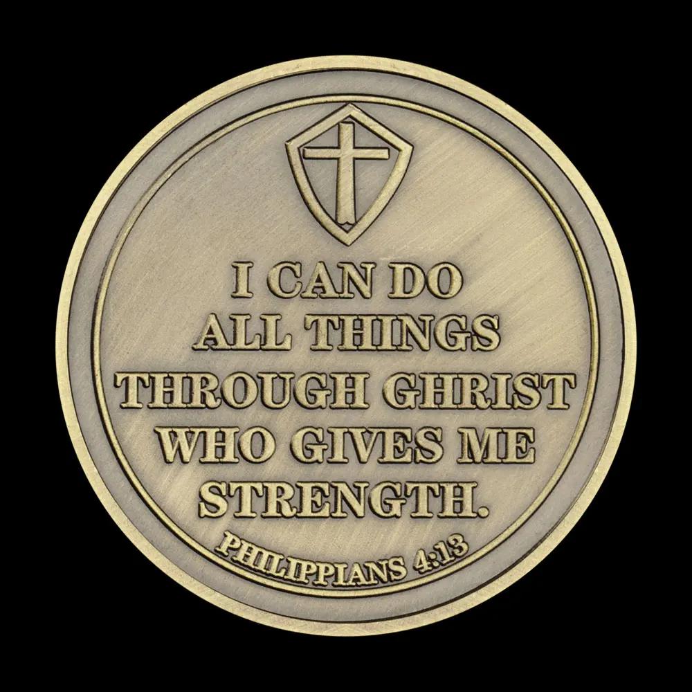 Ich vermag alles durch den, der mich mächtig macht. Antik bronzierte Challenge-Münzen mit einem knienden Tempelritter und Philipper 4:15 Ehrenmünze