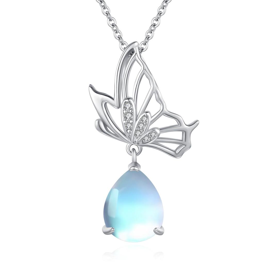 Butterfly Necklace for Women Moonstone Drop Pendant Hypoallergenic Butterfly Silver Necklace Zirconia Chain Adjuster Accessory Moonstone Jewelry for