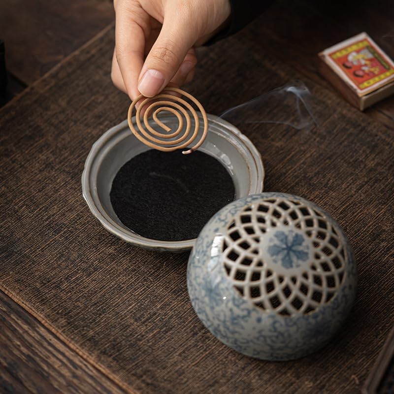 Stilvoller buddhistischer Räuchergefäßhalter aus Keramik mit Spiraldesign, blaue Blumenschale, antike Keramik-Unterglasurmalerei, Handwerkskunst, Räucherwerk-Ornament,