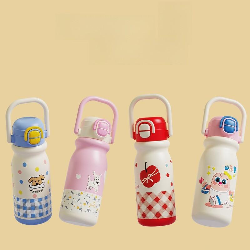 Cartoon Small Puppy Kids Double Drinking Straw Cup With Handle For Travel And School Use