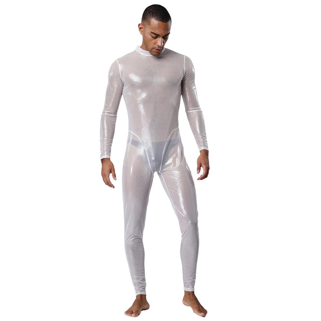 Tuta Holografica Trasparente da Uomo Manica Lunga Full Body Zip Posteriore Catsuit Clubwear