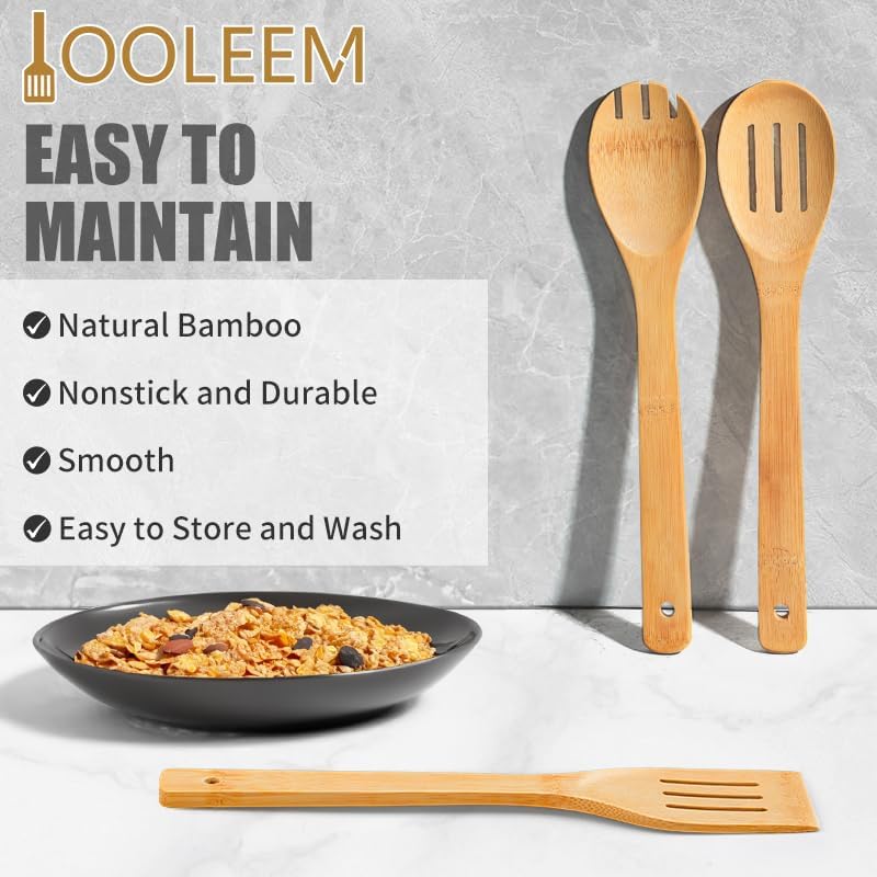 IOOLEEM Bamboo Wooden Spoons for Cooking 6 Pcs 12 Inch, Non-Stick Wooden Kitchen Utensils Set, Natural and Durable Wooden Spatula Spoons for