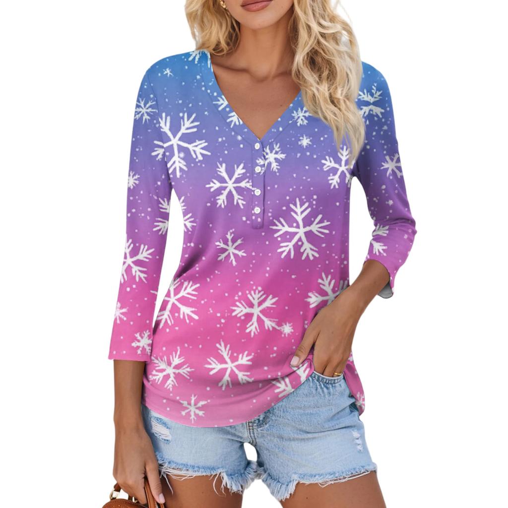 Women's Casual Fashion Sexy Comfortable Christmas Print V-Neck Button Three-quarter Sleeve Top