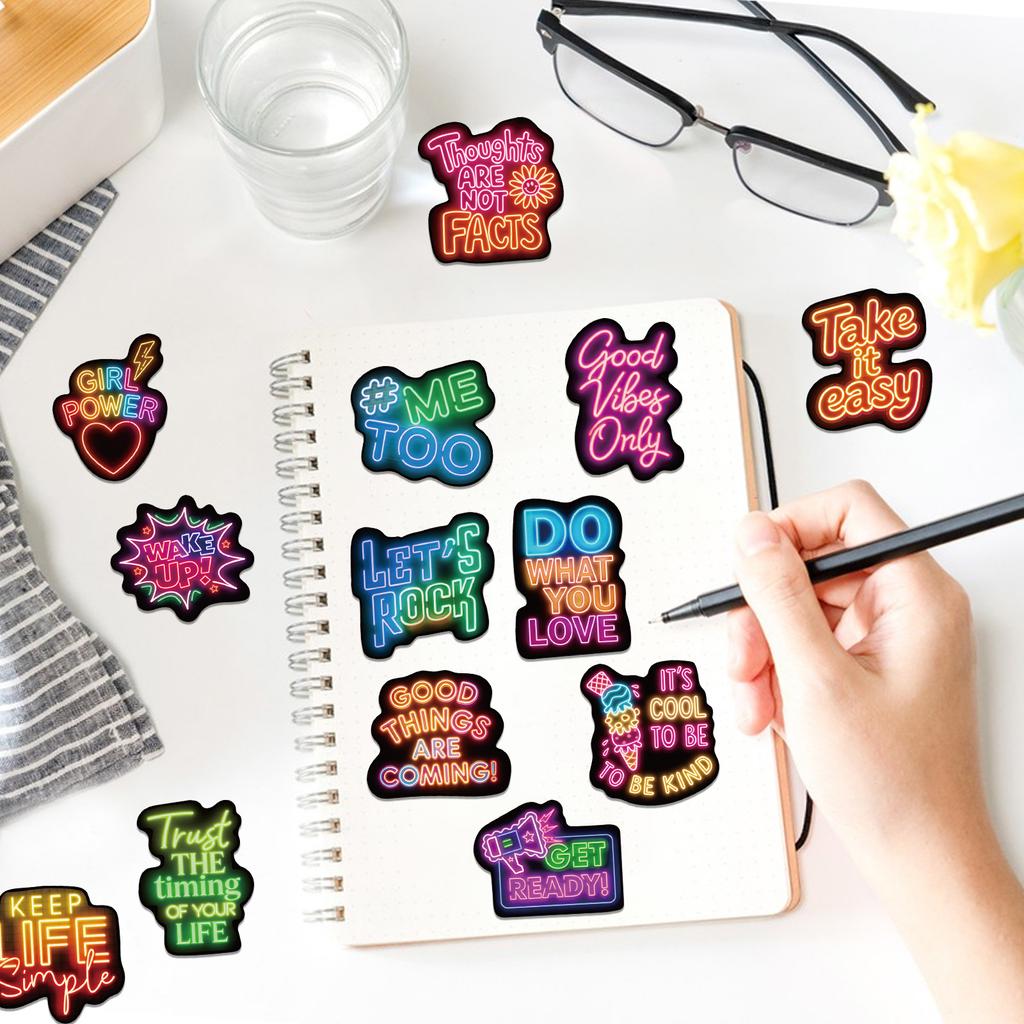 50 Pieces / 2 Designs of Neon Positive and Optimistic Quotes Sticker Handbooks for Luggage Box Decoration Stickers