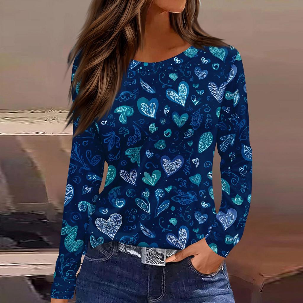 Women's Fashionable Long-Sleeved Round Neck Top with Slit Hem and Valentine's Day Heart Print