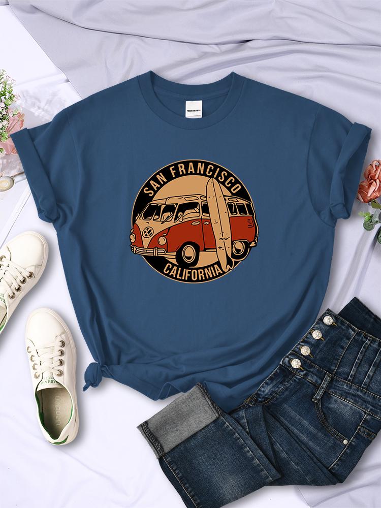 San Francisco California Vintage School Bus T-Shirts Women Street Hip Hop Short Sleeves Summer Breathable Tshirt Soft Casual Tee