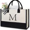 A-Z Letter Canvas Tote Bag Women Large Capacity Shoulder Handbag Contrast Color Thick Fabric Reusable Shopping Bag
