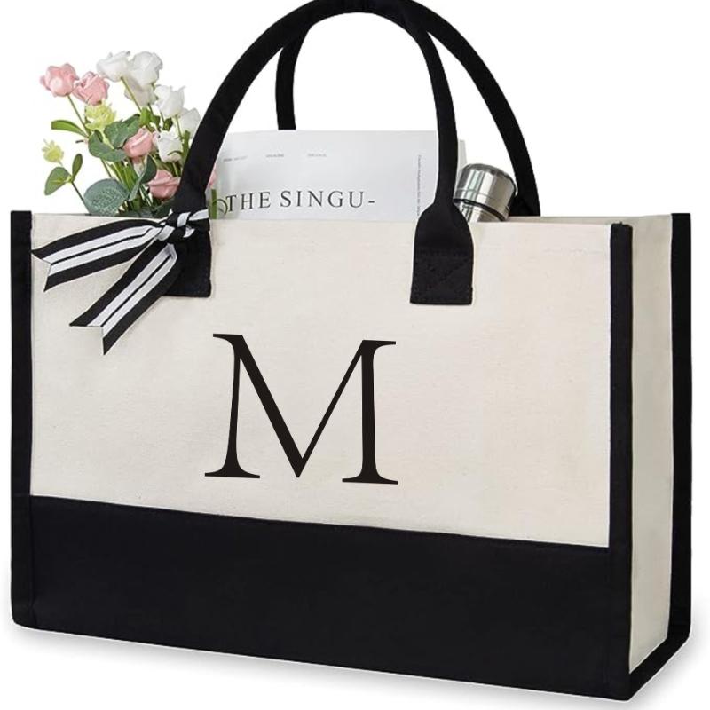 A-Z Letter Canvas Tote Bag Women Large Capacity Shoulder Handbag Contrast Color Thick Fabric Reusable Shopping Bag