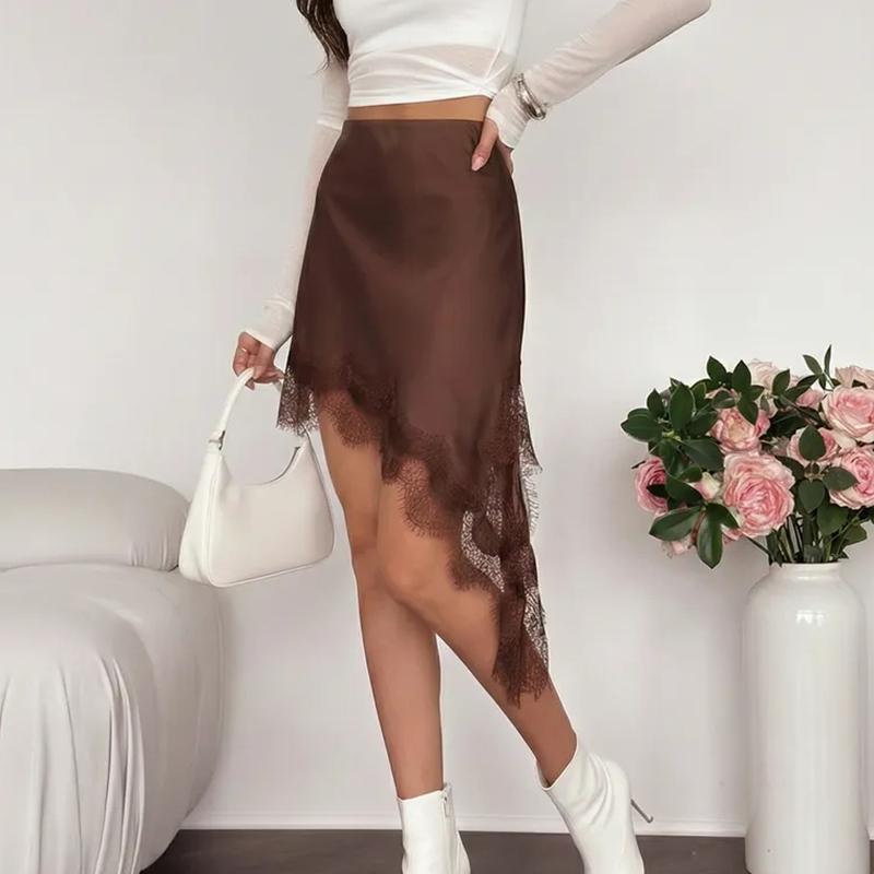 Women Satin Lace Trim Mini Skirts 2026 Summer Elastic Waist Asymmetric Hem Short Skirts Lace Half Slip Skirts Streetwear