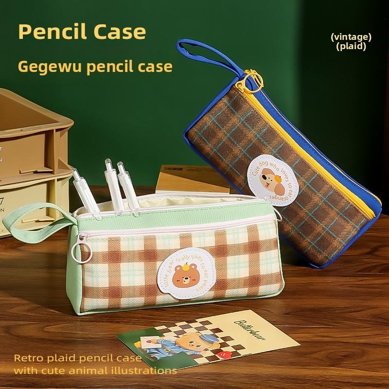 Vintage Plaid Animal Pattern Pencil Case With Large Capacity For Students And Office Use