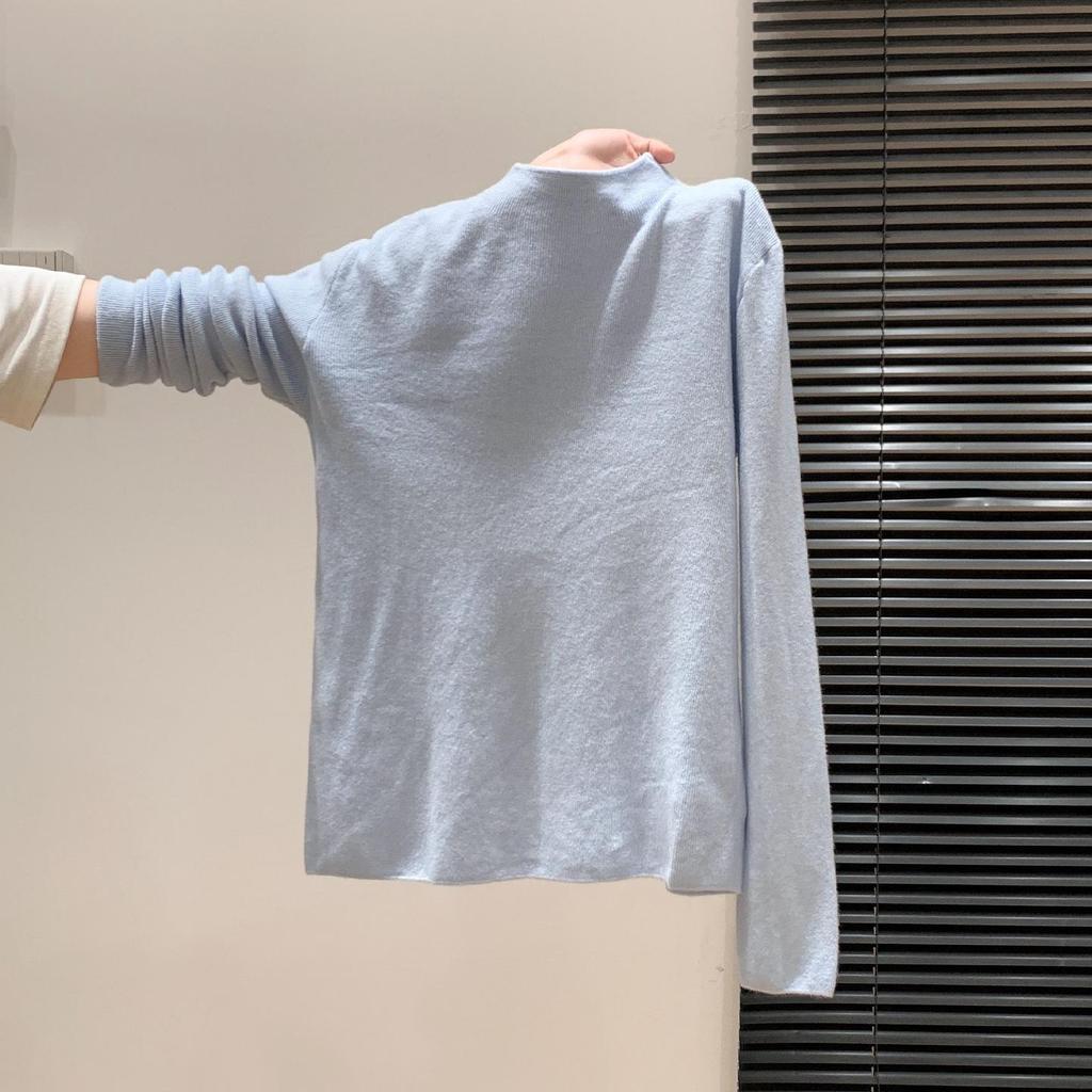 Women's Light Blue Half-High Neck Long Sleeve Knit Top – Autumn/Winter 2025, Soft and Luxurious Feel.