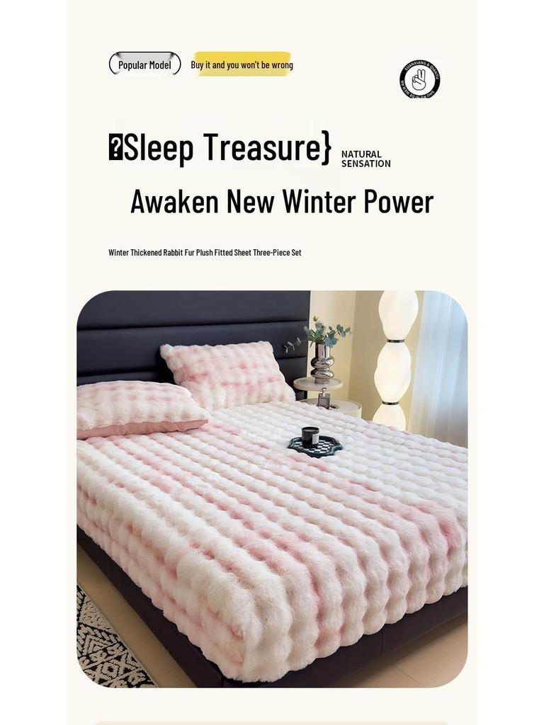 Set Lenzuolo con Angoli in Pelliccia di Coniglio Peluche: Foderato in Pile, Caldo per l'Inverno, Include Coprimaterasso - Set da 3 Pezzi per Letto Matrimoniale